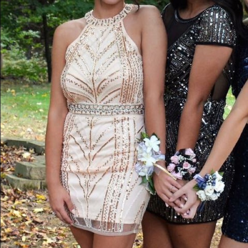 Rose gold/blush/silver high neck homecoming dress
